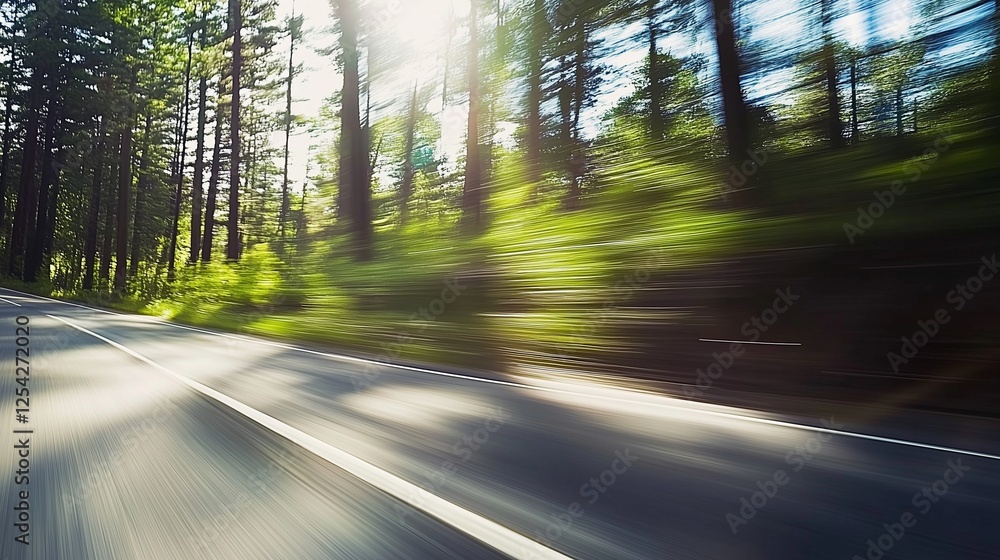 Aufkleber a dynamic motion blur shot of a forested road taken from a moving vehicle, capturing the sense of sp