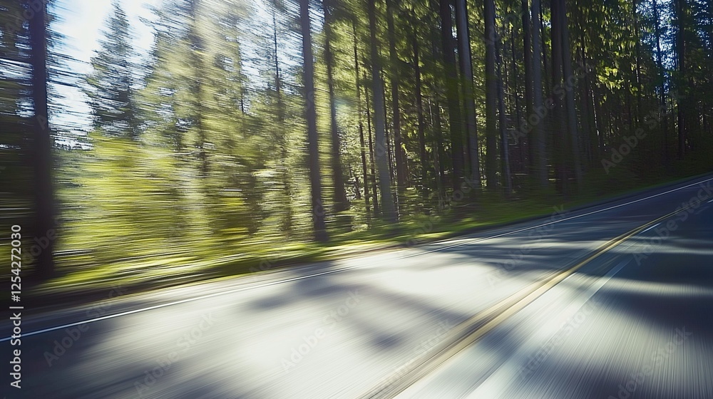 Aufkleber a dynamic motion blur shot of a forested road taken from a moving vehicle, capturing the sense of sp