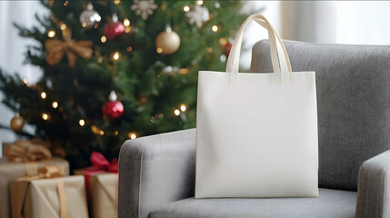 A blank ivory tote bag on an armchair a Christmas tree in the background in a mockup style highresolution photography hyperrealistic