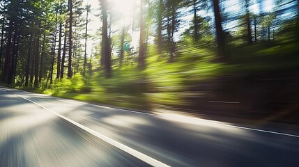 A dynamic motion blur shot of a forested road taken from a moving vehicle, capturing the sense of speed and movement
