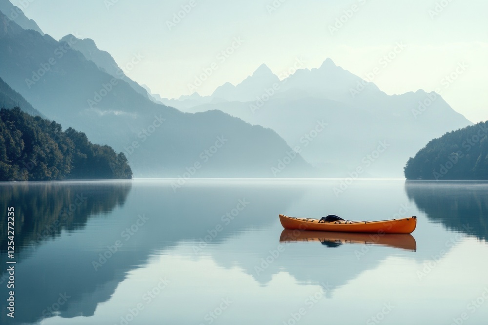 Aufkleber lone kayak resting on the tranquil surface of a mountain lake during early morning light. generative