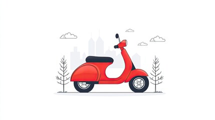 Obraz premium A vibrant red scooter parked against a city skyline with trees and clouds in the background