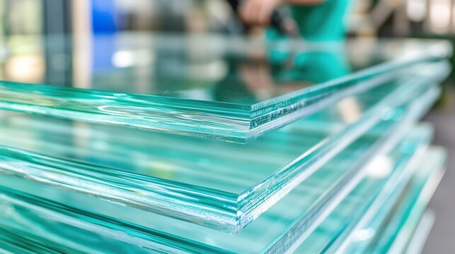 Stack of clear glass sheets in industrial setting