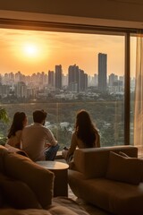 Urban Serenity Modern Indian Family Embraces Vertical Living in Luxe High-Rise Apartment Overlooking Cityscape - Real Estate Marketing and Smart Home Integration