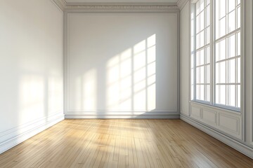 Fototapeta premium minimalist bedroom with white walls, wooden flooring, large window