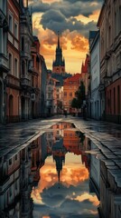 Fototapeta premium Sunset Reflection in a European City Street