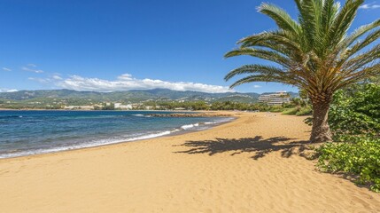 Sunny beach, palm tree, ocean view, relaxing scene, vacation destination