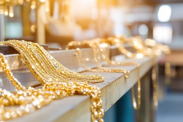 Rows of gold chains glittering on display in jewelry workshop