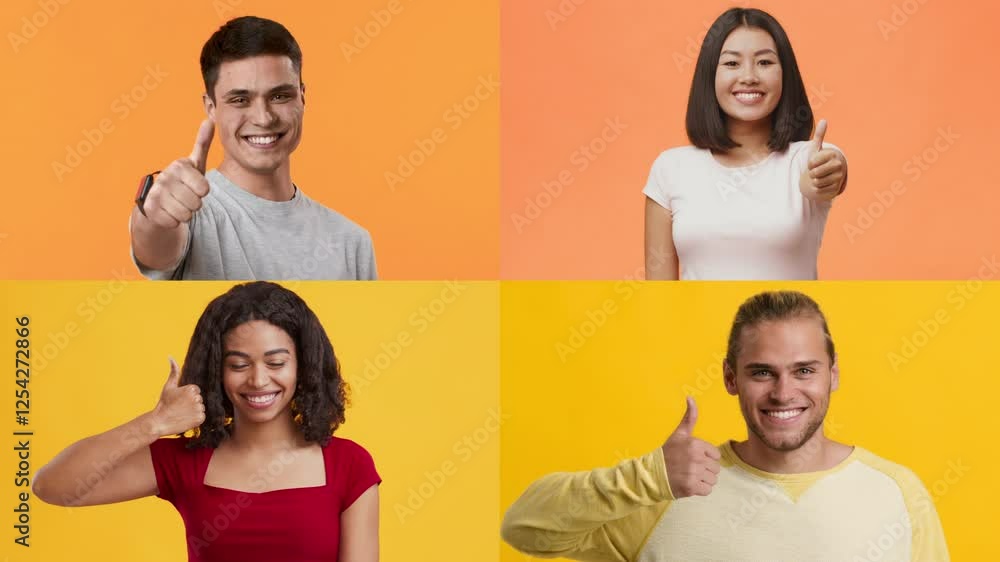 Poster four diverse individuals are smiling and giving thumbs up against vibrant orange and yellow backgrou