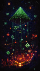 Digital Futuristic Pyramid with Neon Symbols Illuminating Night Sky in Sci-Fi Vector Art - Mystical Geometric Shapes and Cyberpunk Landscape