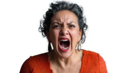 Angry hispanic businesswoman shouting with transparent background