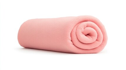 Soft pink fleece blanket rolled neatly on a white background, ideal for cozy home decor and comfort