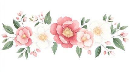 Fototapeta premium Vibrant floral arrangement featuring pink and white peonies with green leaves, perfect for design use
