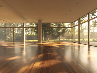 Fototapeta premium spacious empty room with large windows and modern flooring