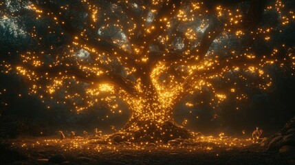Naklejka premium Enchanted tree illuminated by glowing orbs in a mystical forest at twilight, creating a magical ambiance