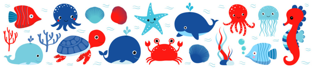 Cute red and blue vector sea animals, kawaii ocean creatures, whale, fish, crab, octopus, jellyfish for summer kids designs