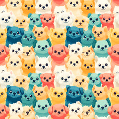 Fototapeta premium An adorable seamless pattern showcases a delightful collection of fluffy puppies in a variety of soft and vibrant colors, including yellow, blue, pink, and white.
