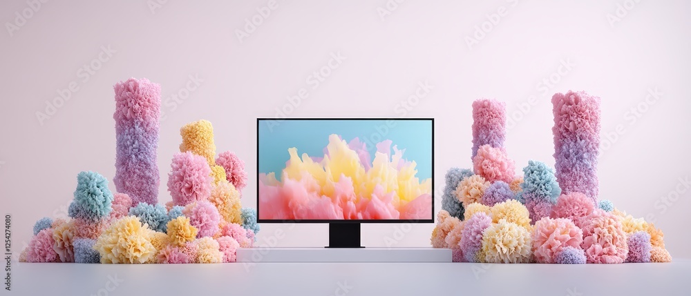 Poster computer screen displaying digital advertising comparison with flowers in front on the desk