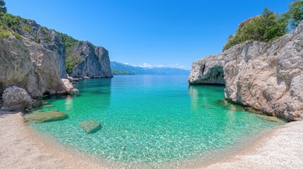 Coastal cove, turquoise water, sunny day, serene beach.  Possible use Travel postcard, vacation brochure