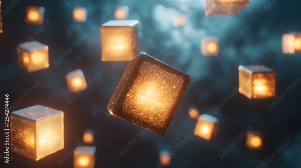 Poster glowing cubes float in a dark nebula