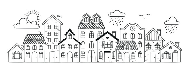 Cute city drawing with hand drawn houses and buildings in doodle style. Hand drawn coloring page. Vector illustration.eps
