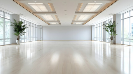 Obraz premium Modern empty office space with large windows, plants, and bright lighting; ideal for presentations