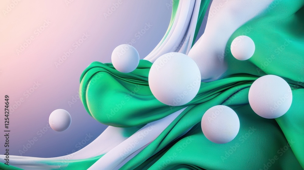 Poster abstract design with green fabric and white spheres creating a dynamic composition