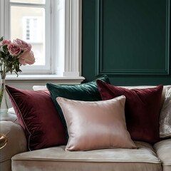 Life style brand cozy and posh clothing home decor products burgundy and blush pink with hints of emerald green and gold luxury Modern high end