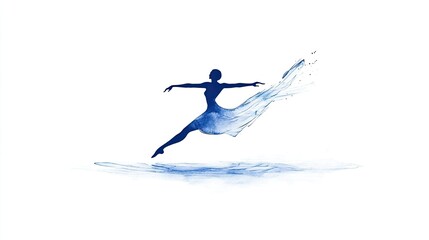Elegant silhouette of a dancer in motion, surrounded by flowing blue watercolor, evoking grace