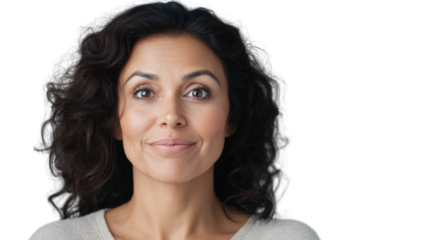 Confident smiling brunette woman posing on transparent background