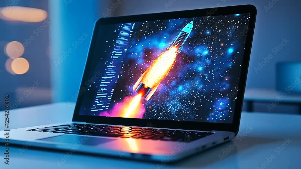 Poster sleek laptop displaying a dynamic rocket launch simulation on a clean, minimalist workspace.