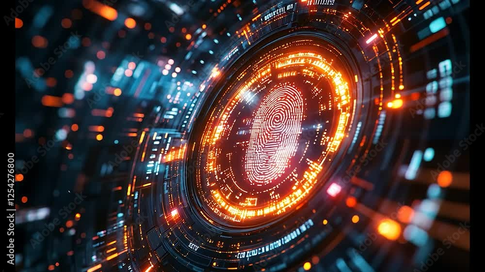 Poster futuristic fingerprint scan interface; digital security system