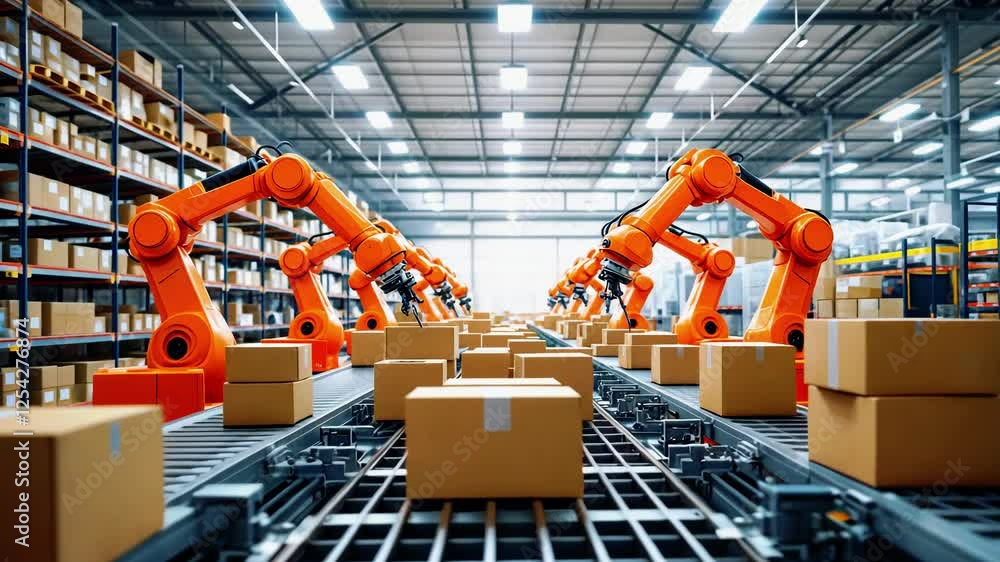 Poster automated robotic arms efficiently sorting and packaging boxes in a modern warehouse environment (2)