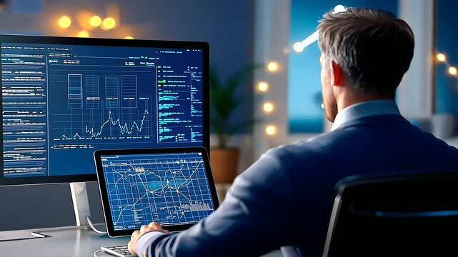 Sleek, high-tech workspace featuring a concentrated professional at his desk.