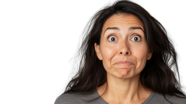 Woman making grimace showing disgust and shock on transparent background