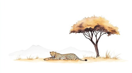 A serene cheetah resting under a tree in a tranquil savannah landscape with distant mountains