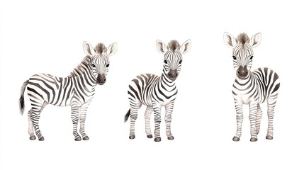 Obraz premium Three adorable young zebras standing together against a white background, showcasing their unique stripes
