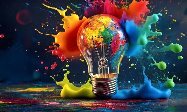 Colorful paint exploding from lightbulb; dark background; creative idea concept