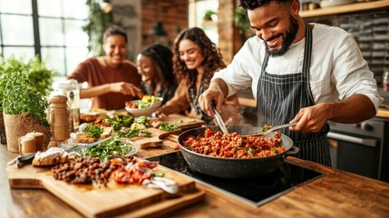 Multiracial group of friends cooking together in a modern kitchen with a man and woman preparing food