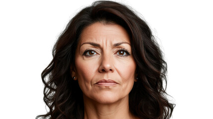 Serious mature businesswoman with dark hair showing displeasure on transparent background