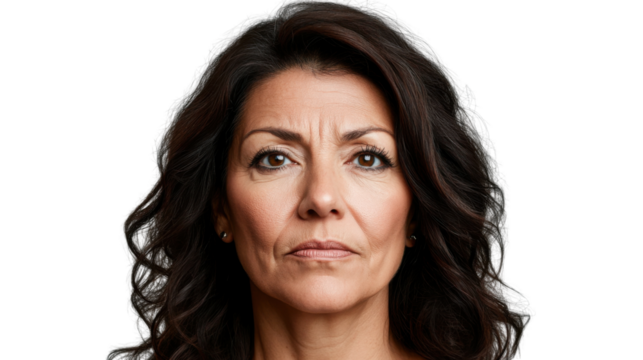 Serious mature businesswoman with dark hair showing displeasure on transparent background
