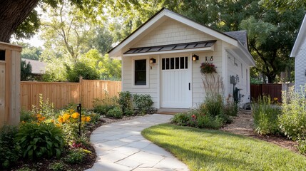 White shed garden path landscaping