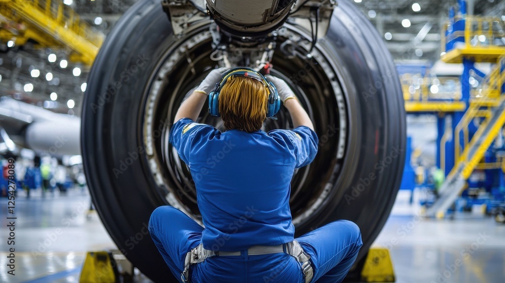 Poster a man in a blue jumpsuit is working on an airplane engine