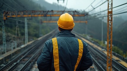 A man in a yellow helmet stands on a train track