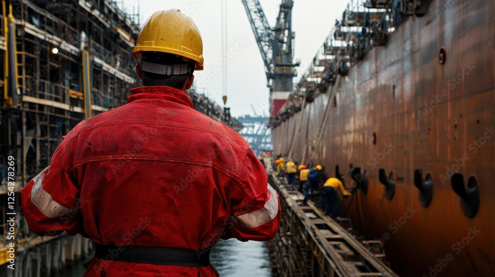 Poster a man in a red jacket stands on a pier next to a large ship