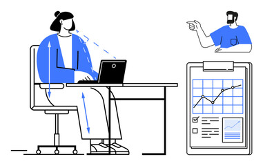 Person working on a laptop, interacting with a colleague pointing at a graph on a clipboard. Ideal for teamwork, communication, data analysis, office productivity, technology, business strategy