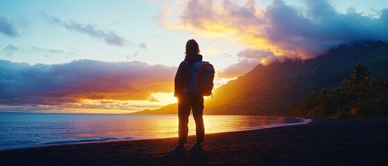 Person standing on beach watching sunset over ocean waves and coastal landscape
