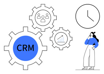 Three interconnected gears with CRM, users, and growth graph icons. Businesswoman thinking near clock. Ideal for productivity, time management, customer relationships, business growth, efficiency