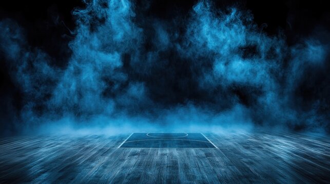 Empty basketball court in smoky dark room.  Possible stock photo use