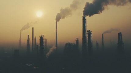 Industrial pollution impact urban area aerial view smokestacks environmental concerns